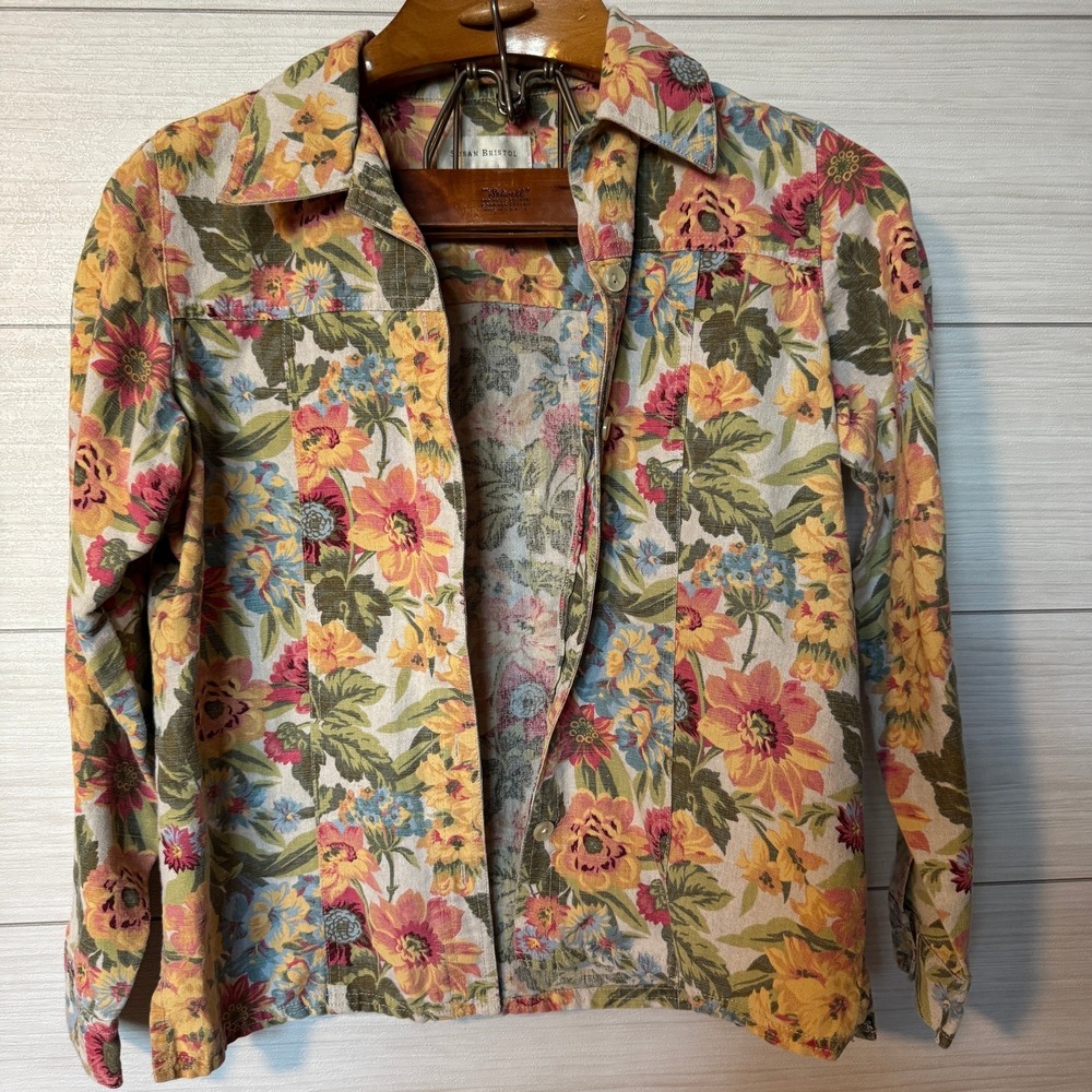 Susan Bristol Floral Print Linen Cotton Jacket‎ Size M Button Front Outerwear